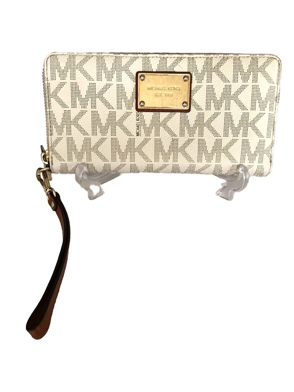Michael Kors Jet Set Travel Wrist Large Wallet/ Clutch MK Logo Vanilla /Gray